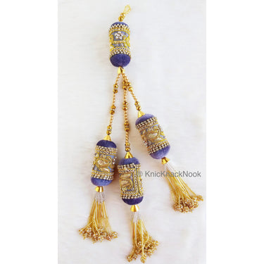 Velvet Fabric Bolster Tassels In Antique Gold Zardozi Embroidery, Rhinestones & Pearls, Indian Embellishment